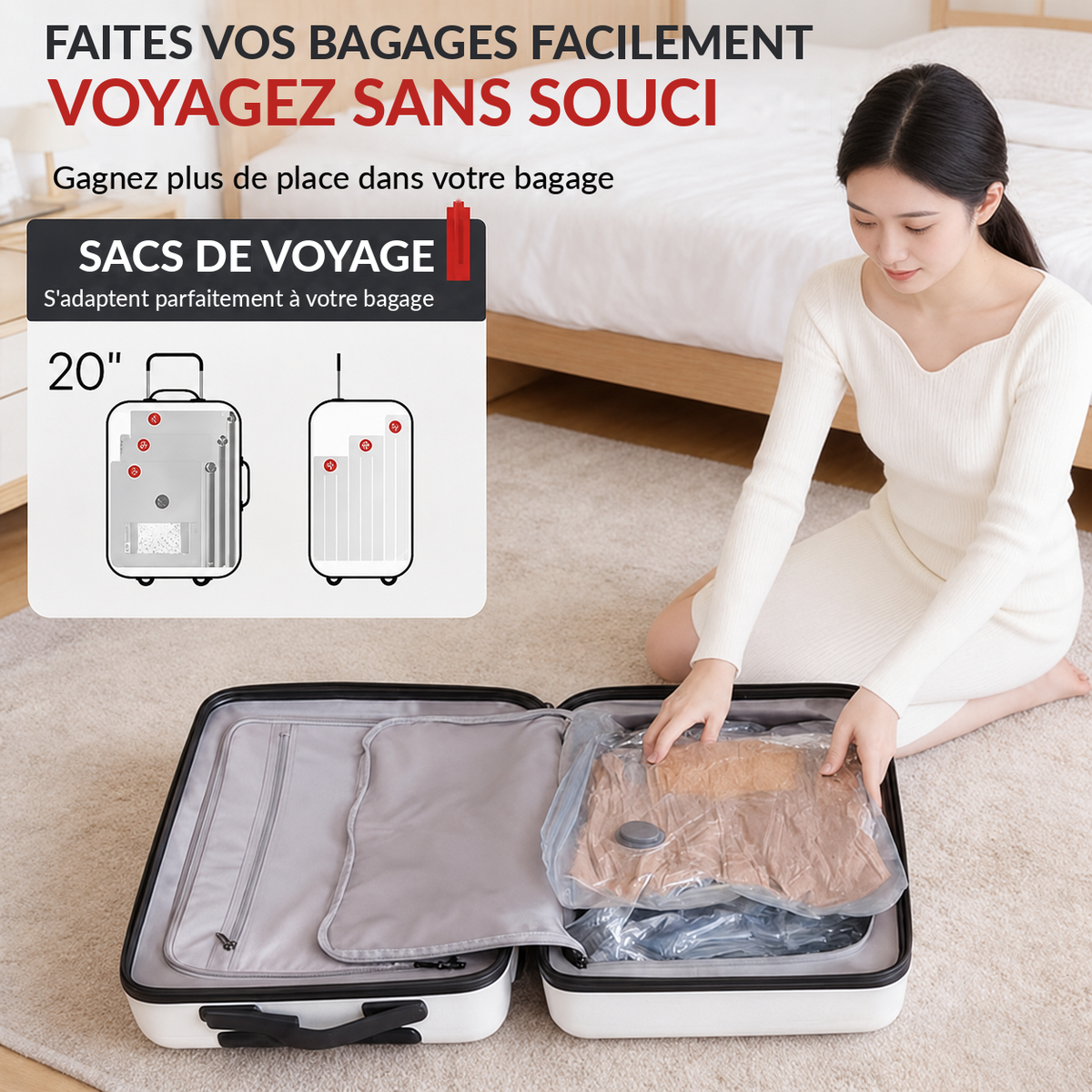 Meloria sacs sous vide dans une valise de voyage